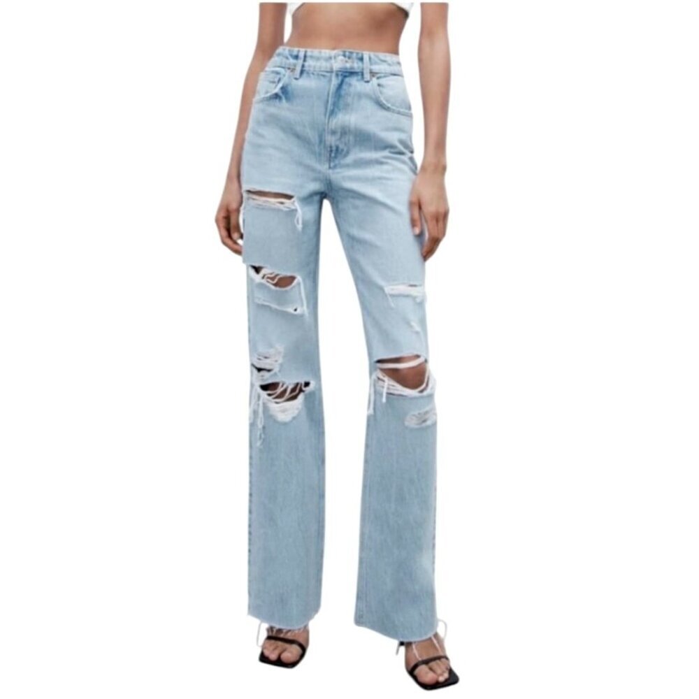 Zara Jeans Women 0 Blue Light Wash Denim Ripped Distressed Wide Leg NWT